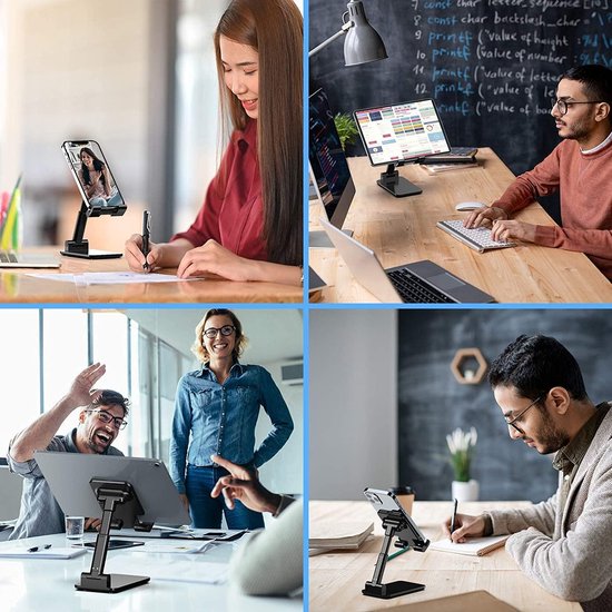 Telefoonhouder bureau – Verstelbare tafelstandaard – Opvouwbaar – Voor smartphone, iPad Mini & Kindle – Zwart