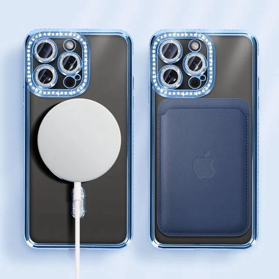 iPhone 14 Pro Hoesjes – MagSafe Glitter Backcover – Diamantjes – Glamour Design – Blauw-Ilumina Benelux