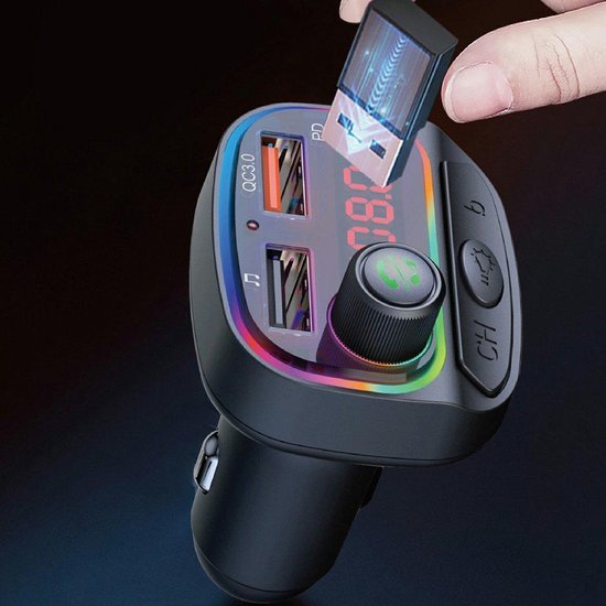 FM Transmitter Auto – Bluetooth 5.0 Carkit – MP3 Speler – Snelladen USB & USB-C – Handsfree – 7-Kleuren LED – Zwart-Ilumina Benelux