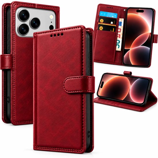 Bookcase Hoesje Geschikt voor iphone 17 Pro - Luxe PU Kalfsleer Telefoonhoes- Portemonnee Hoesje met Kaartvakken, Contant Geldvak, Magneetsluiting & Standaardfunctie - Rood