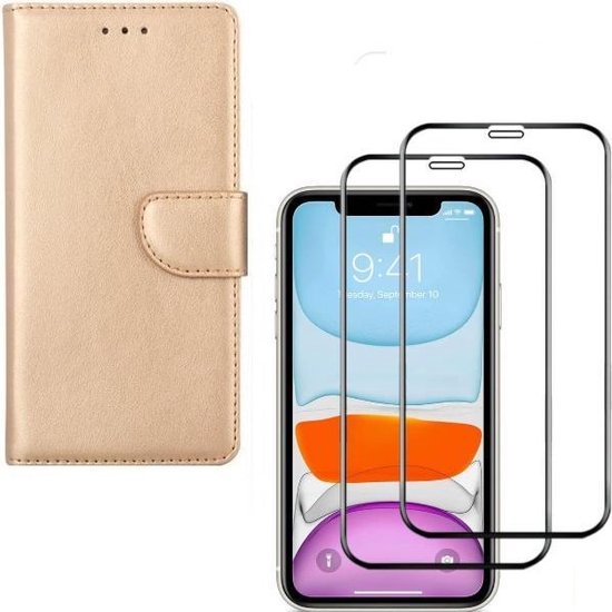 iPhone 11 Pro Hoesjes – Bookcase Portemonnee Hoes – Magneetsluiting – 2x Full Screenprotector – Goud-Ilumina Benelux