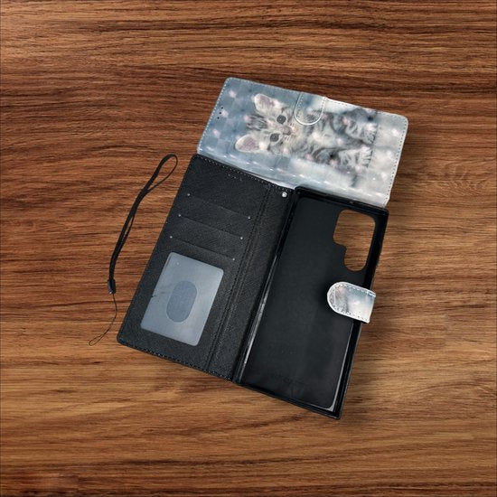 Samsung Galaxy S22 Ultra Hoesjes – Portemonnee Bookcase – Pasjeshouder – Magneetsluiting – Kat Print-Ilumina Benelux