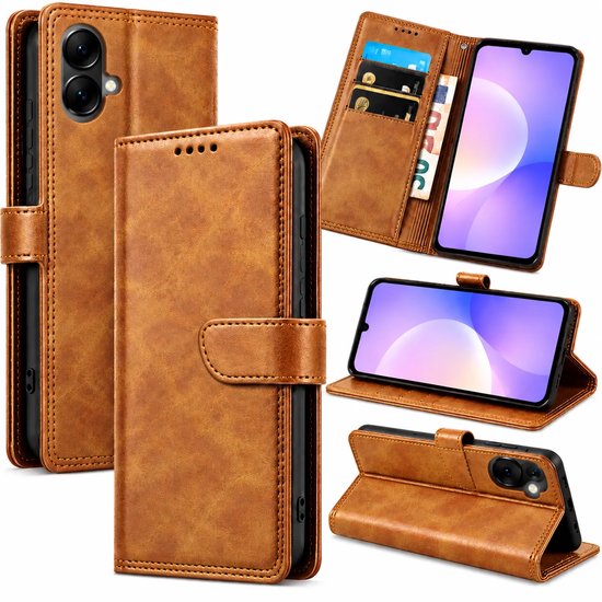 Bookcase Hoesje Geschikt voor Samsung Galaxy A07 - Luxe PU Kalfsleer Telefoonhoes- Portemonnee Hoesje met Kaartvakken, Contant Geldvak, Magneetsluiting & Standaardfunctie - Khaki