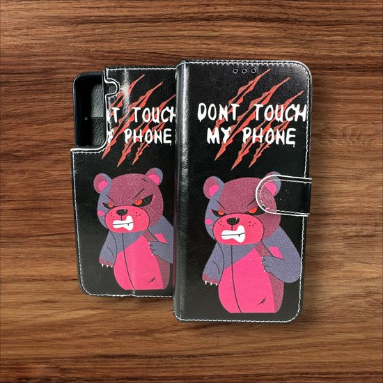 Samsung Galaxy S21 FE Hoesjes – Portemonnee Book Case – Pasjeshouder – Magneetsluiting – Don't Touch My Phone Print-Ilumina Benelux