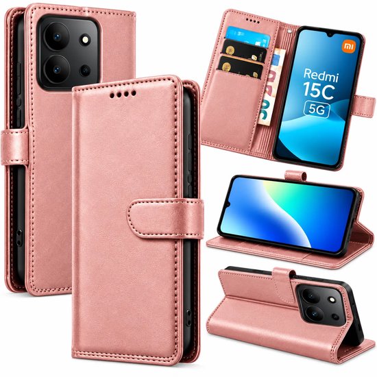 Bookcase Hoesje Geschikt voor Xiaomi Redmi 15C - Luxe PU Kalfsleer Telefoonhoes- Portemonnee Hoesje met Kaartvakken, Contant Geldvak, Magneetsluiting & Standaardfunctie - Roségoud