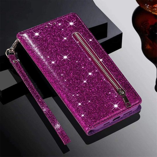 Samsung Galaxy A14 Hoesjes – Glitter Portemonnee Case – Rits & Koord – Pasjeshouder – Paars-Ilumina Benelux