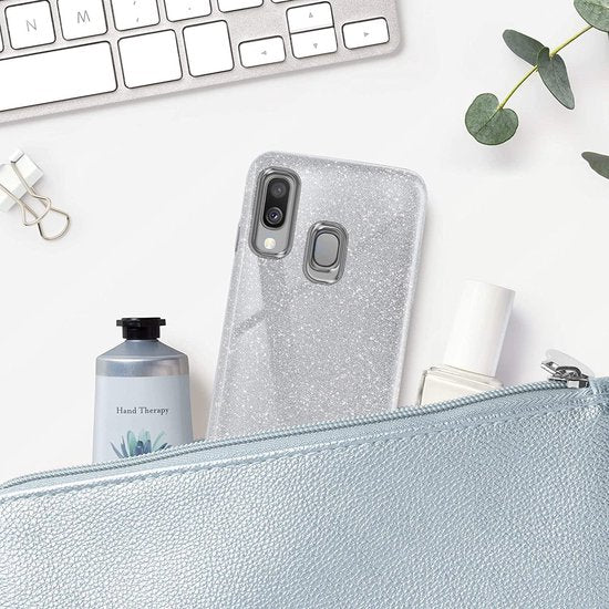Samsung Galaxy A40 Hoesjes – Siliconen TPU Backcover – Glitter BlingBling – Schokbestendig – Zilver-Ilumina Benelux