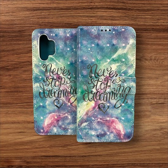 Samsung Galaxy A32 5G Hoesjes – Portemonnee Book Case – Pasjeshouder – Magneetsluiting – Never Stop Dreaming Print-Ilumina Benelux