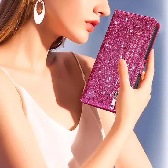 Glitter Wallet Case Geschikt voor: Samsung Galaxy S22 Hoesje met Rits, Koord en Pasjeshouder - Roze