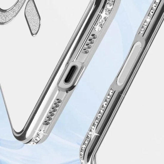iPhone 16 Hoesjes – MagSafe Glitter Backcover – Diamantjes – Glamour – Zilver-Ilumina Benelux