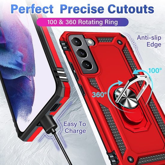 Samsung Galaxy S22 Hoesjes – Anti-Shock Hybride Ring Armor Backcover – Schokbestendig – Rood-Ilumina Benelux