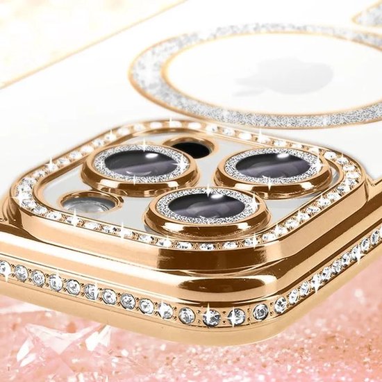 iPhone 16 Pro Hoesjes – MagSafe Glitter Backcover – Diamantjes – Glamour – Goud-Ilumina Benelux