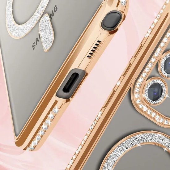 Samsung Galaxy S22 Ultra Hoesjes – MagSafe Glitter Backcover – Diamantjes – Glamour – Goud-Ilumina Benelux