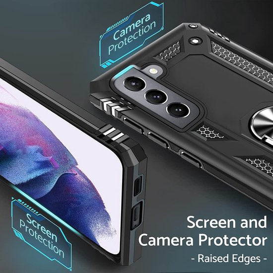 Samsung Galaxy S22 Hoesjes – Anti-Shock Hybride Ring Armor Backcover – Schokbestendig – Zwart-Ilumina Benelux