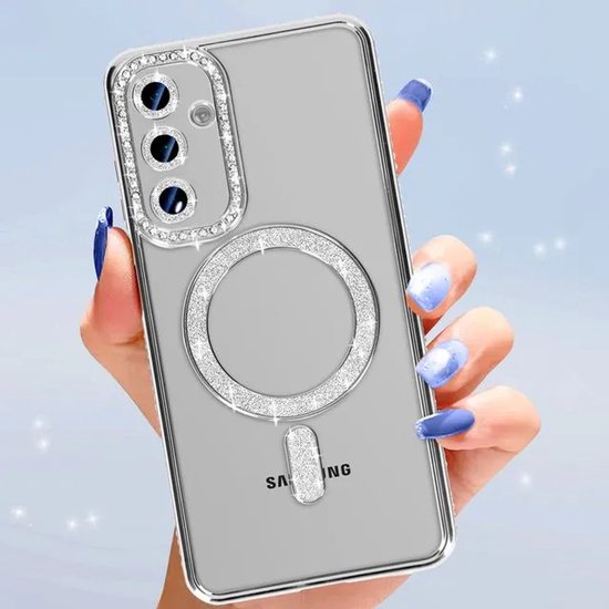 Samsung Galaxy S23 Plus Hoesjes – MagSafe Glitter Backcover – Diamantjes – Glamour – Zilver-Ilumina Benelux