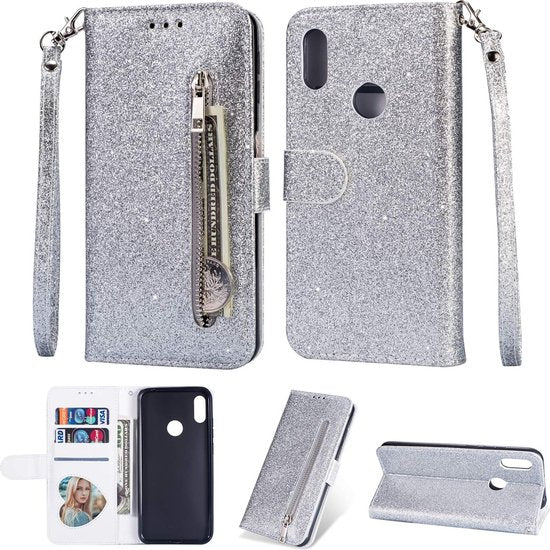 Samsung Galaxy A20s Hoesjes – Glitter Portemonneehoes – Rits & Koord – Zilver-Ilumina Benelux
