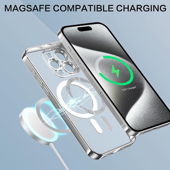 iPhone 15 Hoesjes – Magnetische Clear Siliconen Backcover – Camera Lens Protector – MagSafe – Zilver-Ilumina Benelux