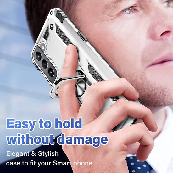 Anti-Shock Hybrid Ring Armor Hoesje Geschikt voor: Samsung Galaxy S22 - zilver