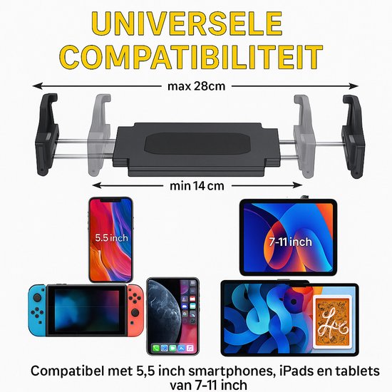 Universele Tablethouder - Dashboard / Raam Auto Houder Geschikt voor: Tablet en iPad - Autohouder met Klem - Tablethouder Autoruit - Tablet & Smartphone Houder Voorruit - Stevige Zuignap - 360° Verstelbaar