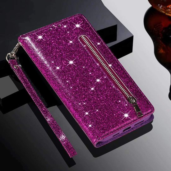 Sparkly Glitter Wallet Hoesje met Rits & Koord Geschikt voor: Samsung Galaxy A41 - Paars