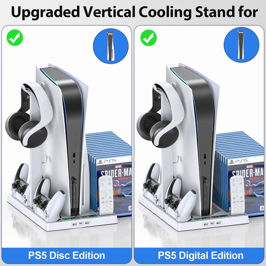 PS5 opbergstation – Verticale standaard met actieve koeling – DualSense oplader – Headsethouder & gamehouder 15 discs-Oplaadstation controllers-Ilumina Benelux