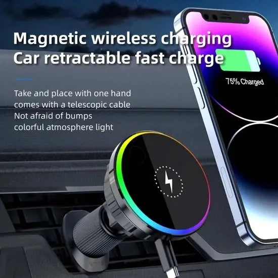 MagSafe Telefoonhouder Auto met Draadloze Oplader - 15W Magnetische Auto Houder Ventilatierooster - Uittrekbare USB-C Kabel - Geschikt voor iPhone 17/16/15/14/13/12 & Samsung S25/S24-Ilumina Benelux