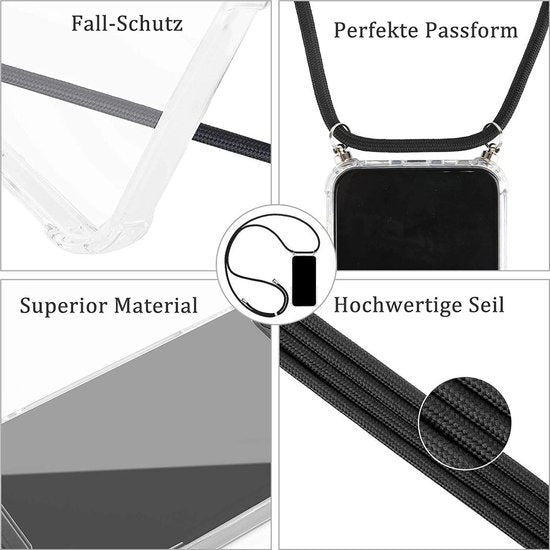 Samsung Galaxy A12 Hoesjes – Backcover met Koord – Schokbestendig – Schouder/Nek Draagriem – Zwart-Ilumina Benelux