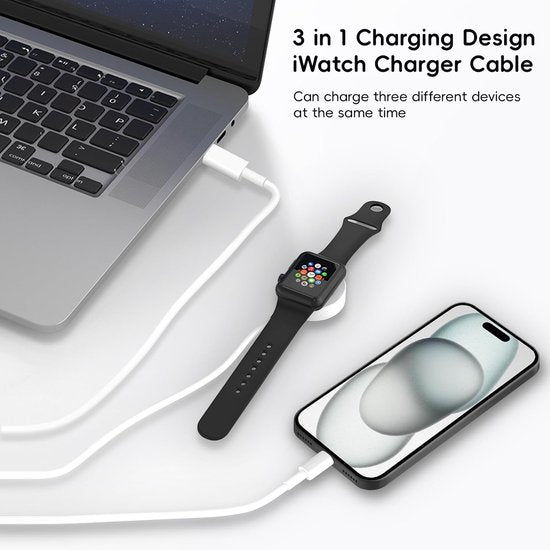 Watch Oplader – 3-in-1 Draadloze Oplaadkabel – Magnetisch 2-in-1 – Geschikt voor iWatch Series 1-7/SE – Wit-USB-Kabels-Ilumina Benelux