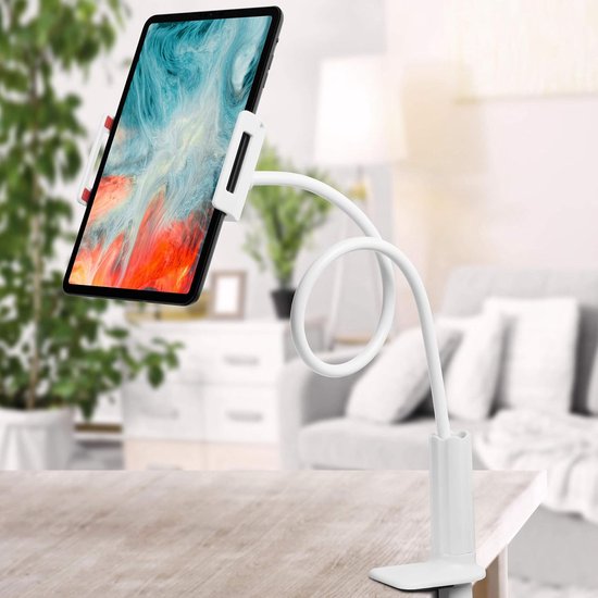 Tablethouder & Telefoonhouder - Universeel - 360° Draaibare arm - Houder Met Klem - Statief geschikt voor: Bureau, Tafel en bed - Wit