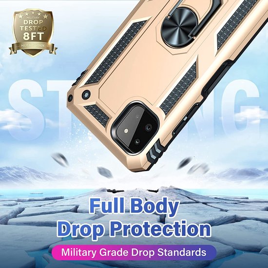 Samsung Galaxy A22 5G Hoesjes – Ring Armor Backcover – 360° Draaibare Standaard – Magneet – Goud-Ilumina Benelux