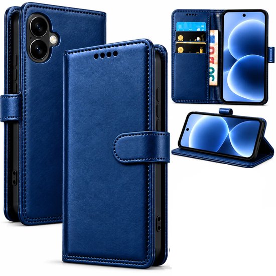 Bookcase Hoesje Geschikt voor iphone 17 - Luxe PU Kalfsleer Telefoonhoes- Portemonnee Hoesje met Kaartvakken, Contant Geldvak, Magneetsluiting & Standaardfunctie - Blauw