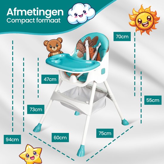 Kinderstoel – Velox Goods VL-509 – Verstelbaar & Opvouwbaar – Veiligheidsgordel + Opbergmand – Speels Design-Kinderstoel-Ilumina Benelux