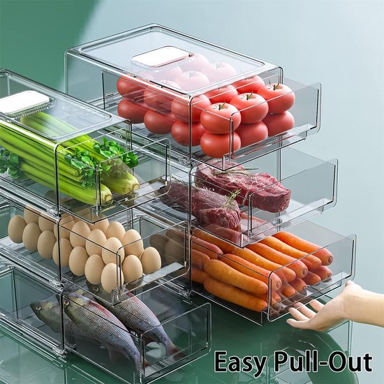 Koelkast organizer – Transparante schuiflade bak – BPA-vrij stapelbaar – 30×20,6×11,5 cm – Velox Goods VL-532-Keukenkastorganizer-Ilumina Benelux