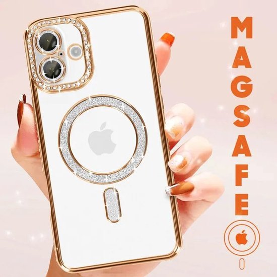 iPhone 16 Plus Hoesjes – MagSafe Glitter Backcover – Diamantjes – Glamour – Goud-Ilumina Benelux