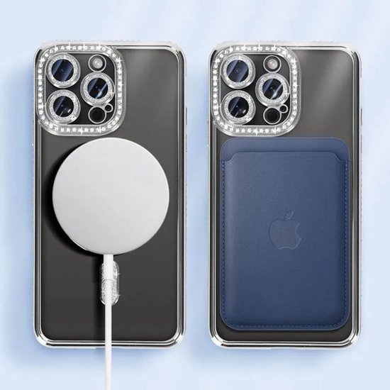 iPhone 15 Pro Max Hoesjes – MagSafe Glitter Backcover – Diamantjes – Glamour – Zilver-Ilumina Benelux