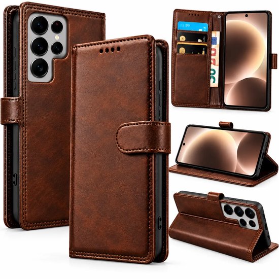 Bookcase Hoesje Geschikt voor Samsung Galaxy S26 Ultra - Luxe PU Kalfsleer Telefoonhoes- Portemonnee Hoesje met Kaartvakken, Contant Geldvak, Magneetsluiting & Standaardfunctie - Bruin