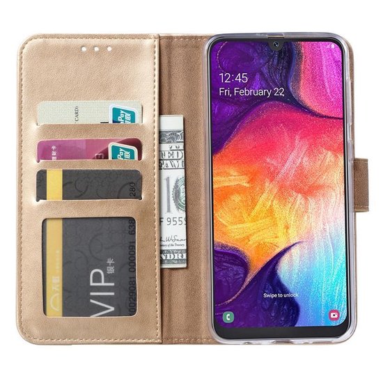 Samsung Galaxy A30S Hoesjes – Portemonnee Hoes – Magneetsluiting – Pasjeshouder – Goud + 2x Gehard Glas Screenprotector-Ilumina Benelux