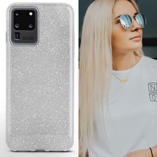 Samsung Galaxy S20 Ultra Hoesjes – Siliconen TPU Backcover – Glitters BlingBling Cover – Zilver-Ilumina Benelux