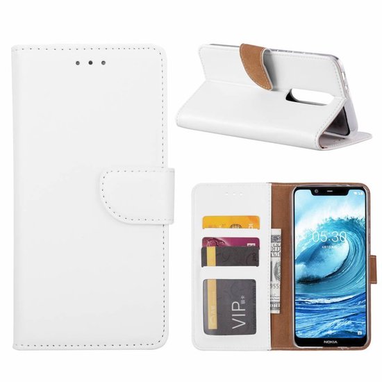 Nokia 5.1 Plus Hoesjes – Portemonnee Hoes – Magneetsluiting – Pasjeshouder – Wit + 2x Screenprotector-Ilumina Benelux