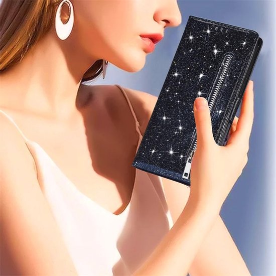 iPhone 13 Mini Hoesjes – Glitter Portemonnee Hoes – Rits & Koord – Pasjeshouder – Zwart-Ilumina Benelux