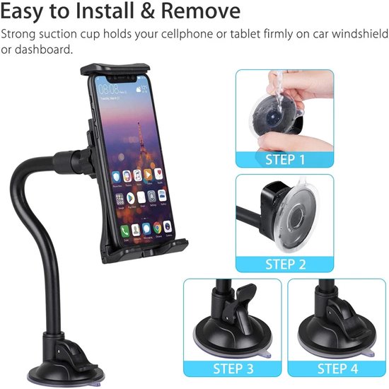 Telefoonhouder auto – 360° draaibaar – Lange arm zuignap voorruit/raam – Universeel 4-10.5 inch – Zwart-Tablethouder-Ilumina Benelux