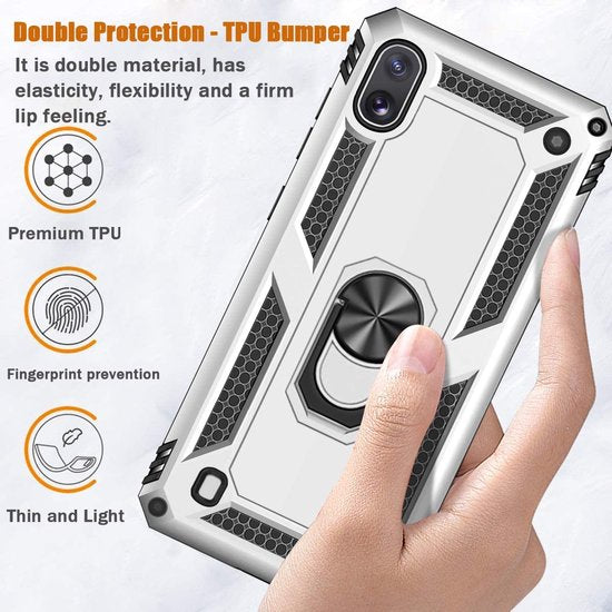 Samsung Galaxy A10 Hoesjes – Ring Armor Backcover – 360° Draaibare Standaard – Magneet – Zilver-Ilumina Benelux