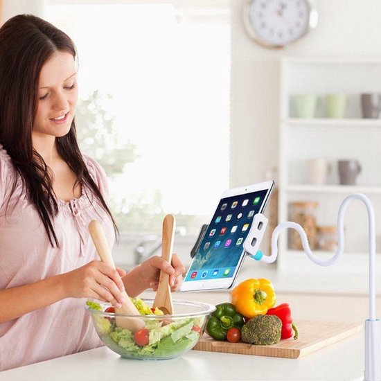 Tablethouder & Telefoonhouder - Universeel - 360° Draaibare arm - Houder Met Klem - Statief geschikt voor: Bureau, Tafel en bed - Wit