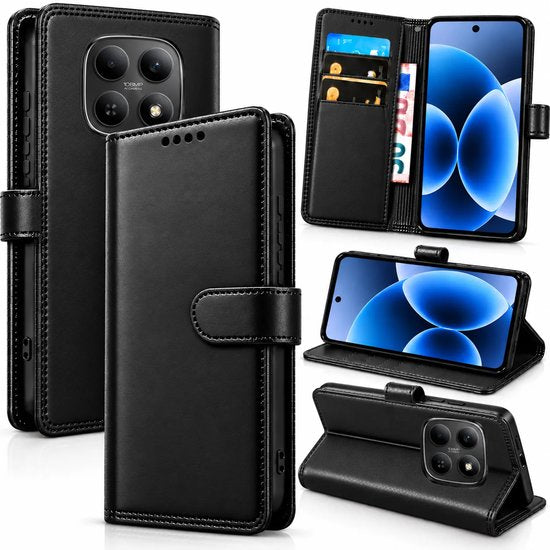 Bookcase Hoesje Geschikt voor Xiaomi Redmi Note 15 5G - Luxe PU Kalfsleer Telefoonhoes- Portemonnee Hoesje met Kaartvakken, Contant Geldvak, Magneetsluiting & Standaardfunctie - Zwart