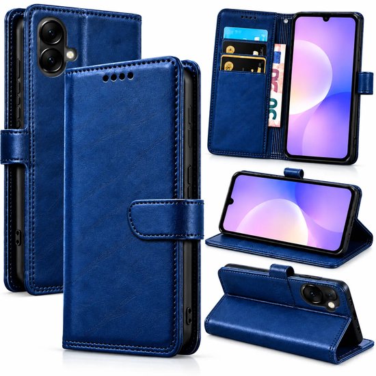 Bookcase Hoesje Geschikt voor Samsung Galaxy A07 - Luxe PU Kalfsleer Telefoonhoes- Portemonnee Hoesje met Kaartvakken, Contant Geldvak, Magneetsluiting & Standaardfunctie - Blauw