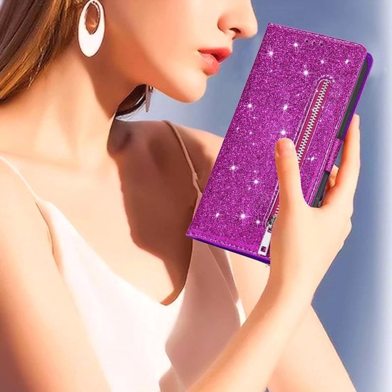 Samsung Galaxy S22 Plus Hoesjes – Glitter Portemonnee Case – Rits – Koord – Pasjeshouder – Paars-Ilumina Benelux