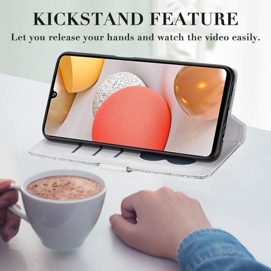 Samsung Galaxy A12 Hoesjes – Glitter Portemonnee Bookcase – Rits – Koord – Pasjeshouder – Zilver-Ilumina Benelux