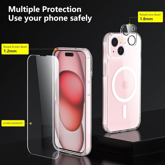 iPhone 15 Plus Hoesjes – Magnetische Backcover – MagSafe Compatibel – 2x Screenprotector + Camera Lens Protector – Doorzichtig-Ilumina Benelux