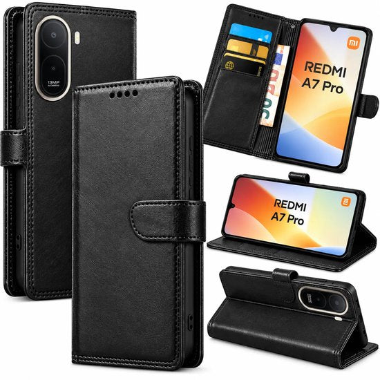 Bookcase Hoesje Geschikt voor Xiaomi A7 Pro - Luxe PU Kalfsleer Telefoonhoes- Portemonnee Hoesje met Kaartvakken, Contant Geldvak, Magneetsluiting & Standaardfunctie - Zwart