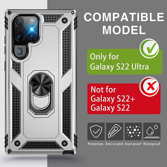 Samsung Galaxy S22 Ultra Hoesjes – Ring Armor Backcover – 360° Draaibare Standaard – Magneet – Zilver-Ilumina Benelux